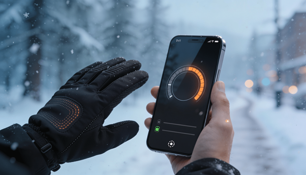Smartphone app controlling heated glove with visible heating zones in winter setting