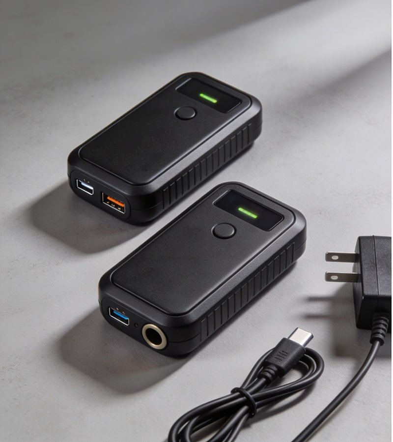 Rechargeable lithium battery pack for heated gear showing front and back views with connection port