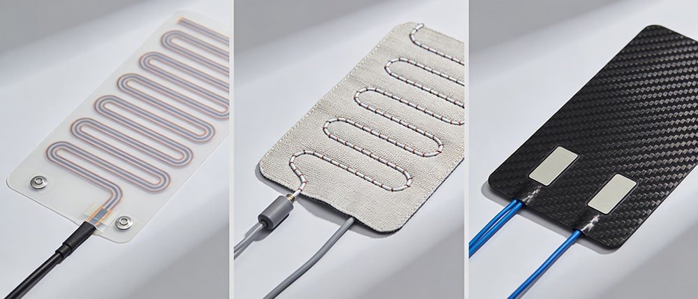 Comparison of three heating element types: thin film heater, wire heating element, and carbon fiber heating pad