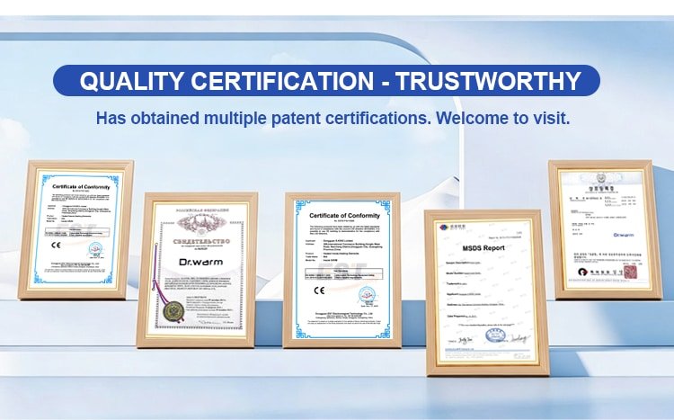 DR.WARM heated clothing manufacturer displaying CE certifications, compliance reports and quality assurance documents