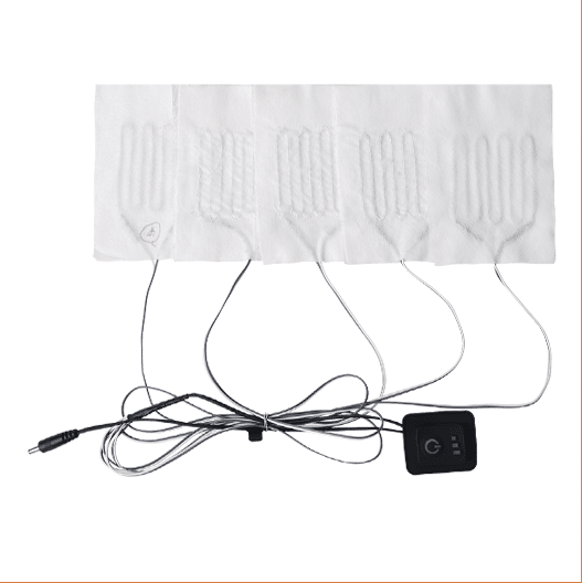 Five white metal silk fabric heating pads with conductive fiber traces, connected to black control box with power button and DC plug, complete heating module for heated socks