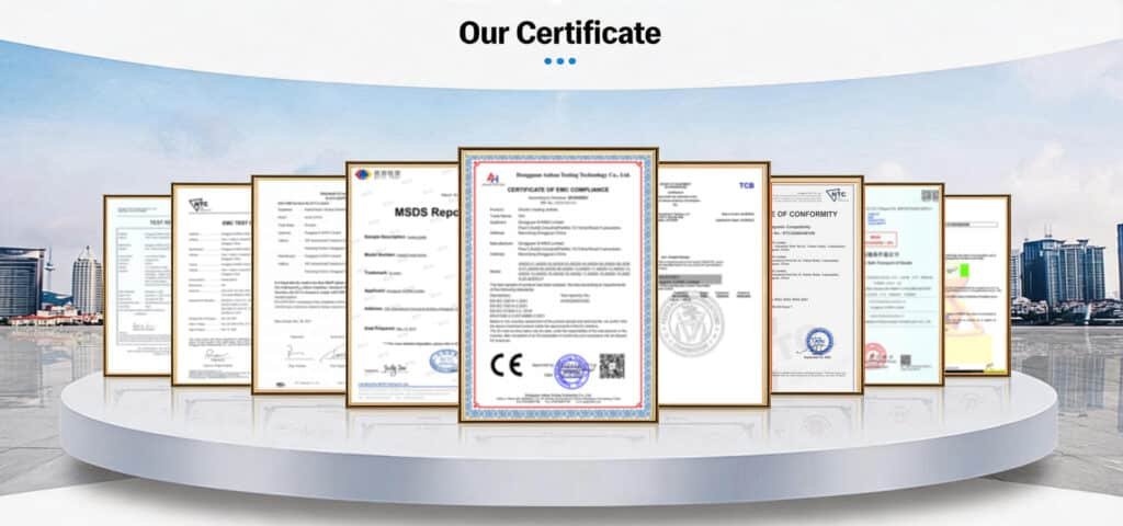 Certification documents held by the heated apparel factory, covering electrical, material and battery compliance