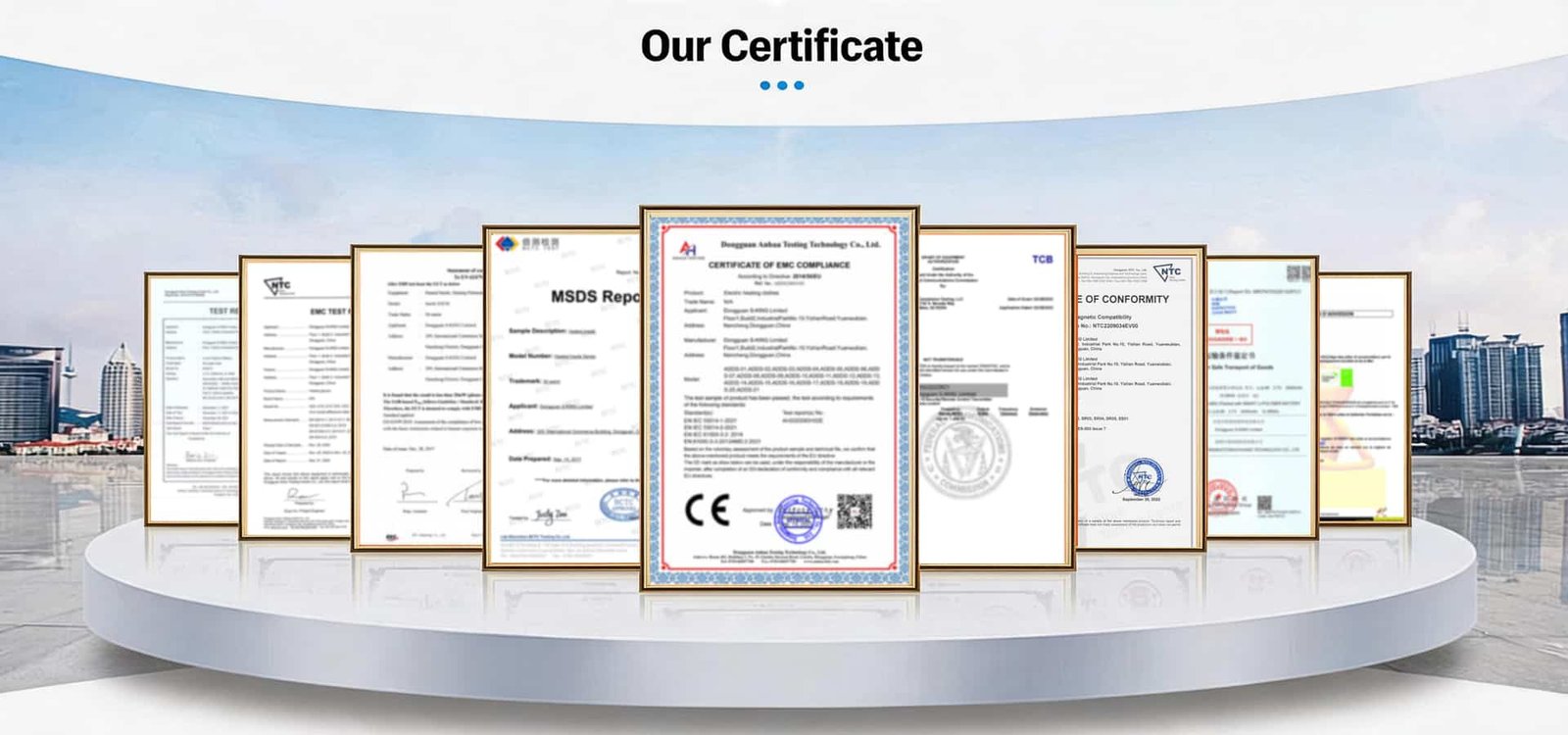 Our factory certifications including CE, FCC, RoHS, MSDS for custom heated gloves, ensuring compliance with international safety standards for wholesale electric heated gloves