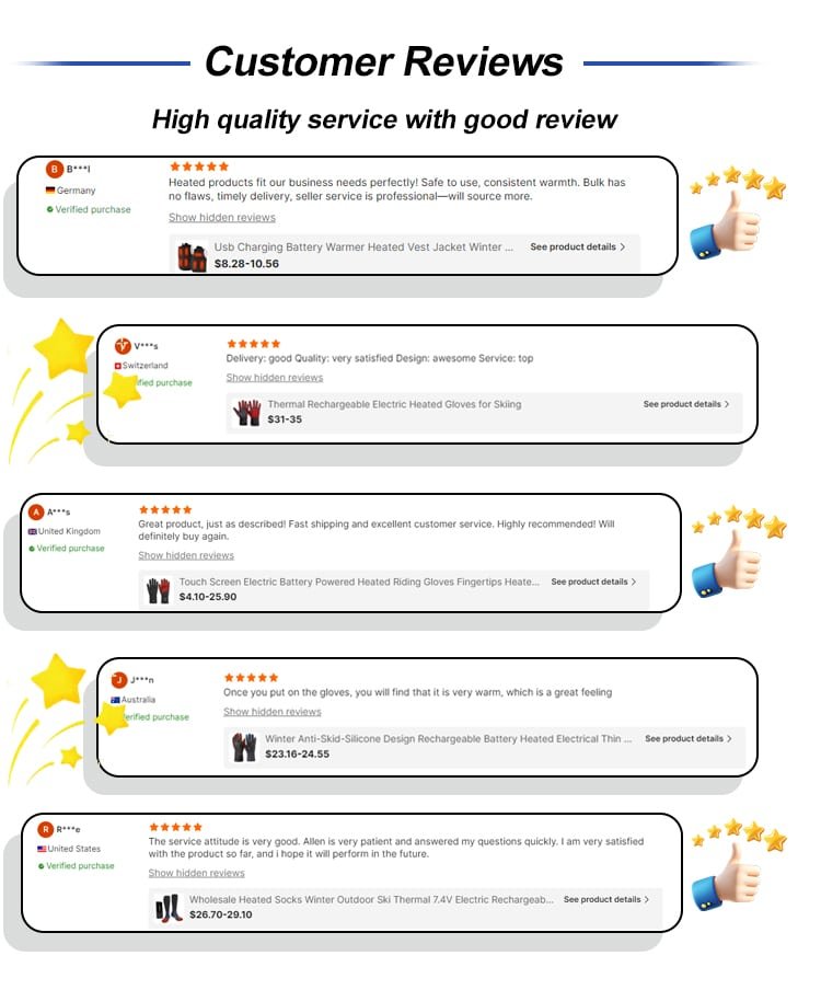 Verified customer reviews and 5-star ratings for heated gloves, vests, and other heated wearables