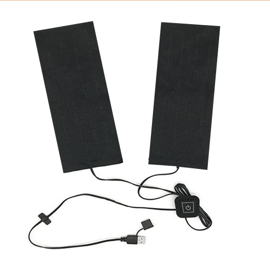 Two black rectangular carbon fiber heating pads connected to control box with power button and USB plug, flexible thermal elements for heated apparel