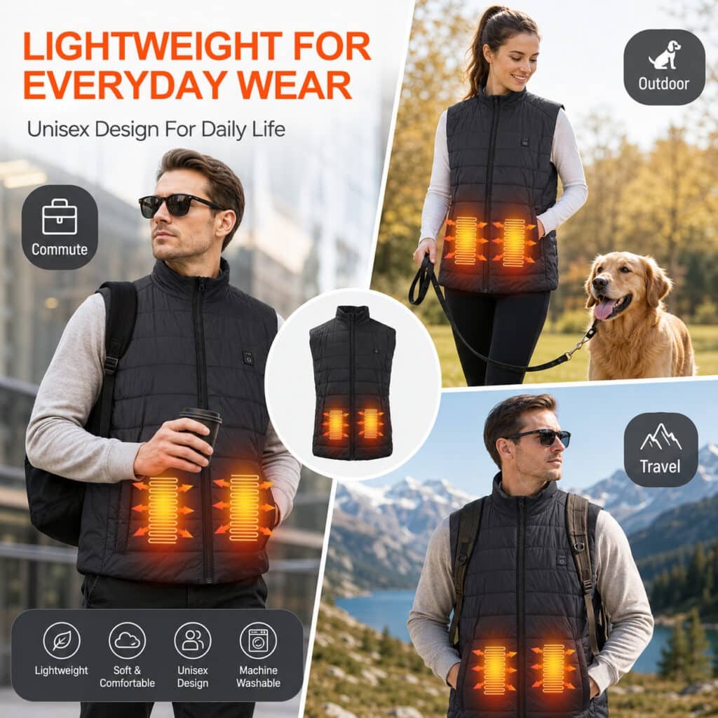 Lightweight unisex heated vest for commuting, outdoor activities and travel, showing heating zones for heated clothing brand development