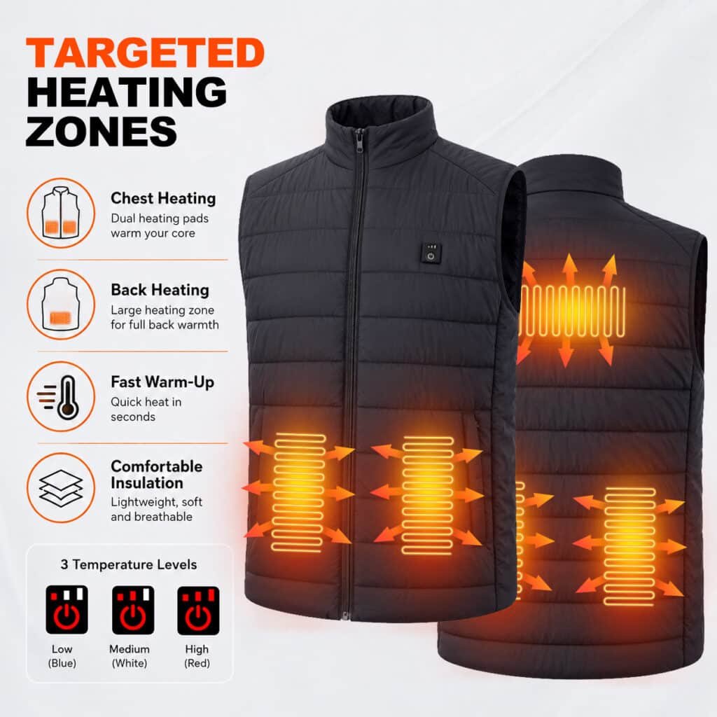 Heated vest with targeted chest and back heating zones, fast warm-up, lightweight insulation and three adjustable temperature levels