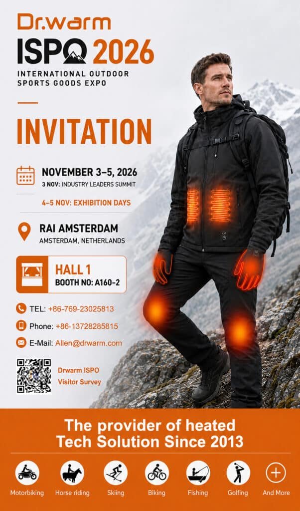 DR.WARM ISPO 2026 Amsterdam invitation for heated apparel and heating technology solutions at Hall 1 Booth A160-2