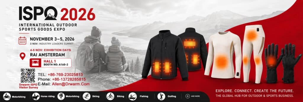 DR.WARM heated apparel manufacturer exhibiting heated jackets, base layers and heated gloves at ISPO 2026 Amsterdam